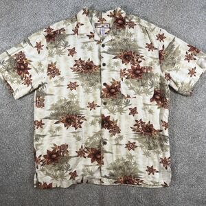 Caribbean Joe Hawaiian Shirt Mens XL Brown Floral Print 100% Rayon‎ Loop Collar